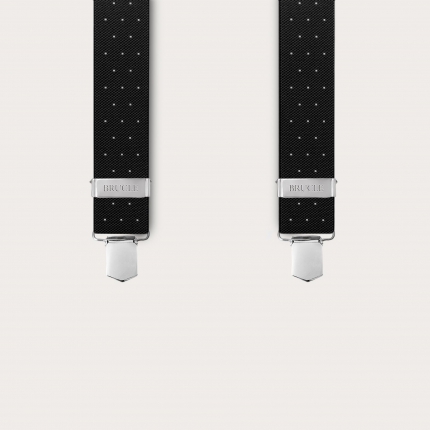 Black X-shaped suspenders with polka dots, unisex, elastic, with clips