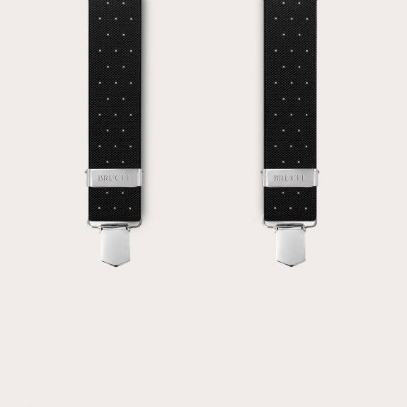 Black X-shaped suspenders with polka dots, unisex, elastic, with clips