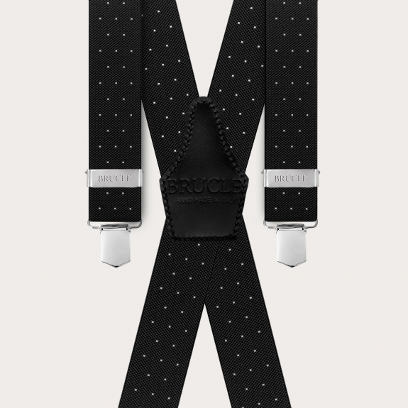 Black X-shaped suspenders with polka dots, unisex, elastic, with clips