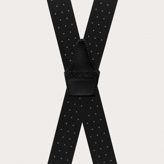 Black X-shaped suspenders with polka dots, unisex, elastic, with clips