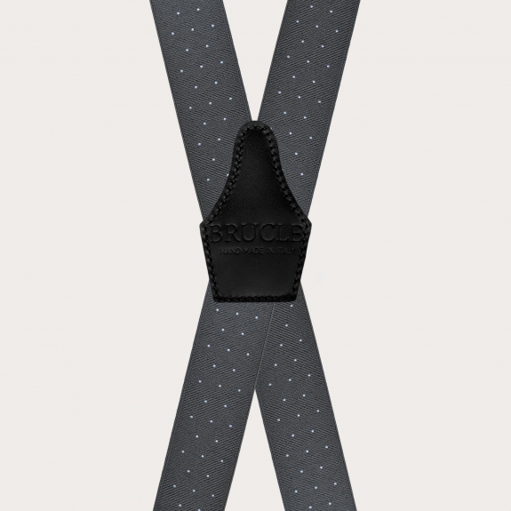 Grey polka dot elastic suspenders with 4 clips