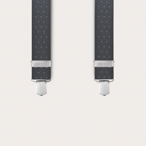 Grey polka dot elastic suspenders with 4 clips