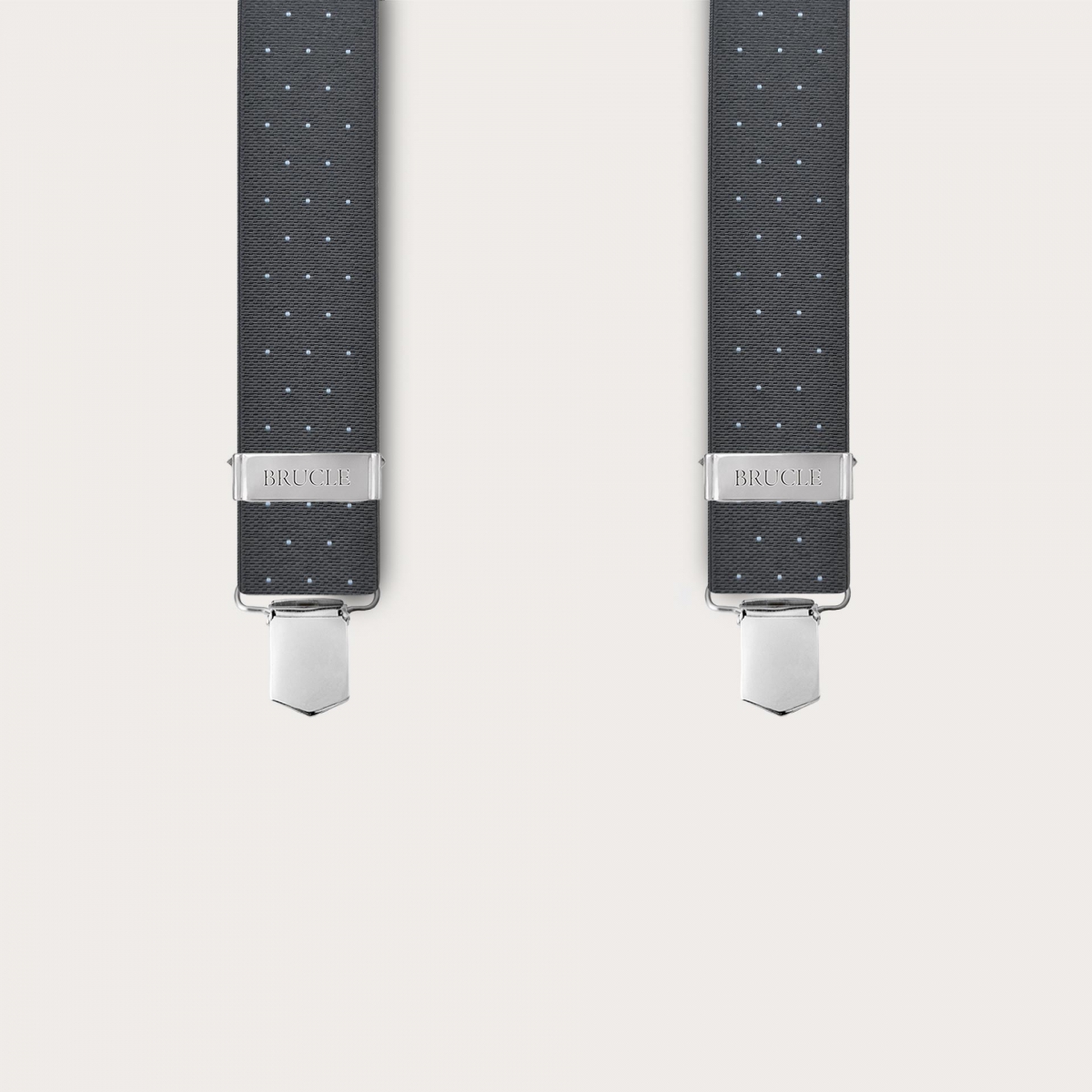 Grey polka dot elastic suspenders with 4 clips