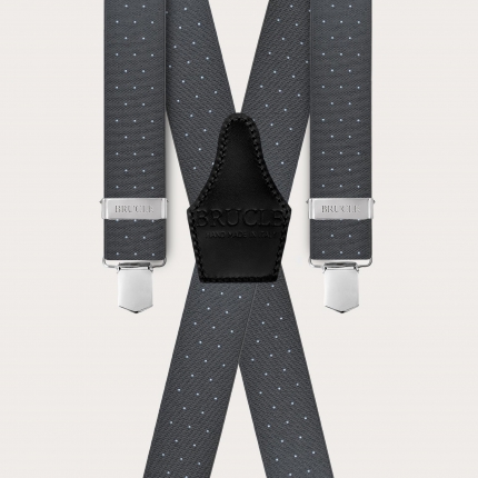 Grey polka dot elastic suspenders with 4 clips