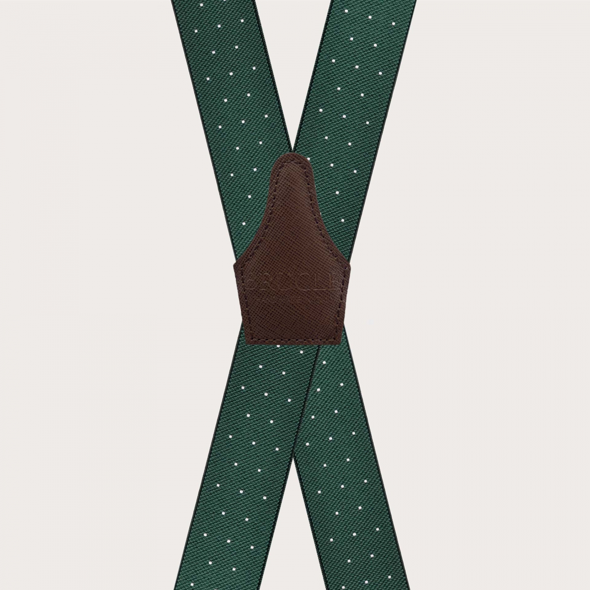 Green elastic X-shaped suspenders with polka dot pattern