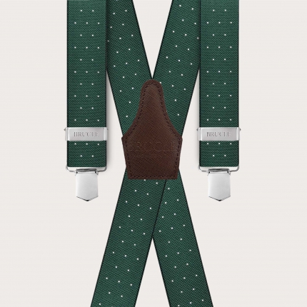 Green elastic X-shaped suspenders with polka dot pattern