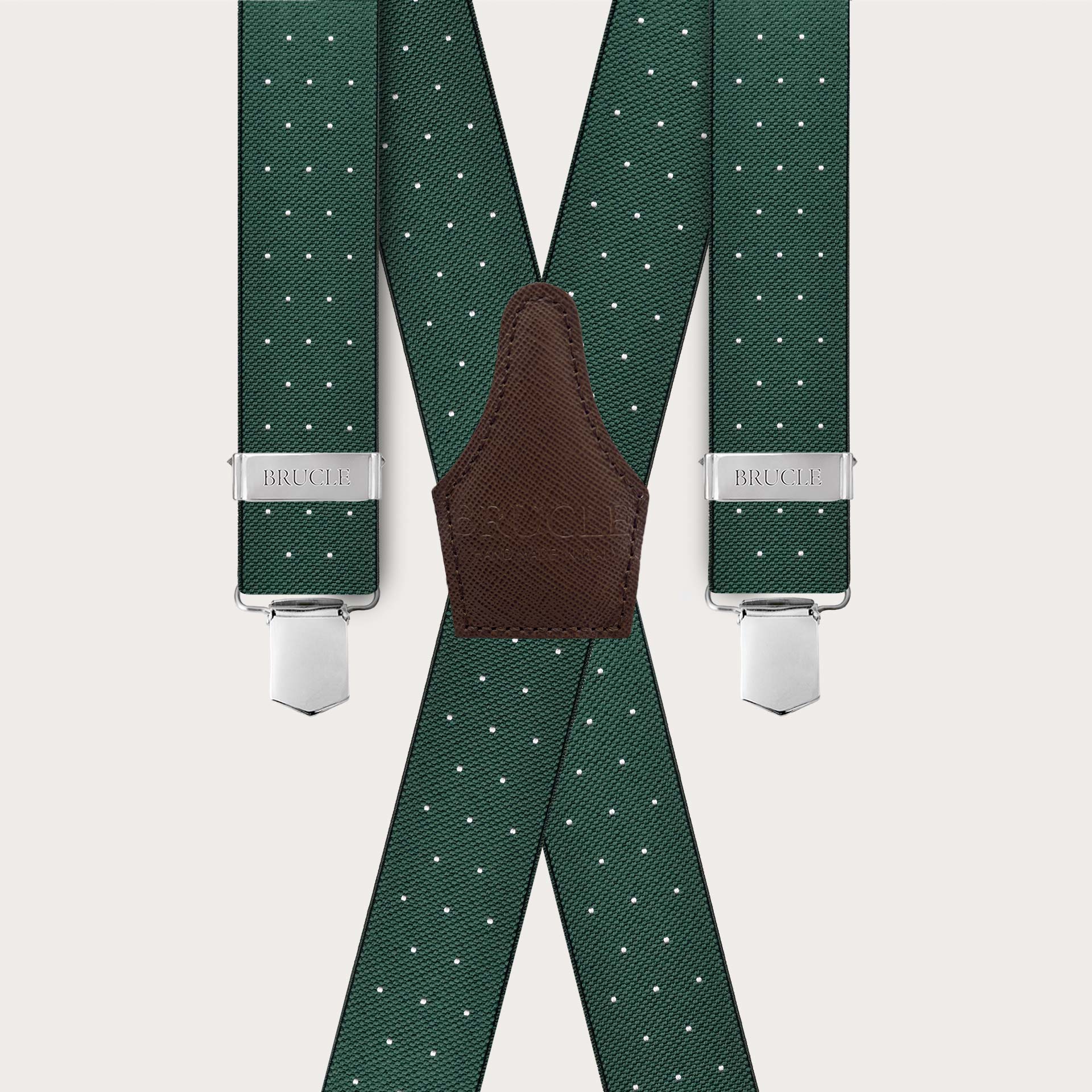 Green elastic X-shaped suspenders with polka dot pattern