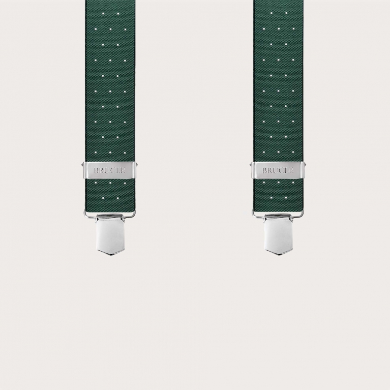 Green elastic X-shaped suspenders with polka dot pattern