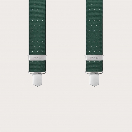 Green elastic X-shaped suspenders with polka dot pattern