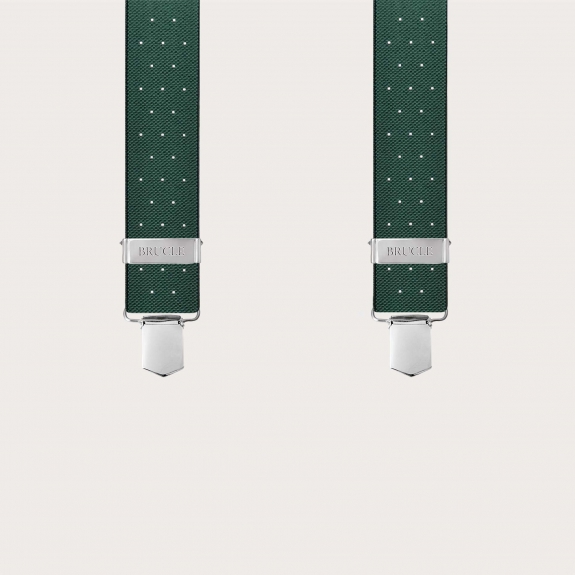 Green elastic X-shaped suspenders with polka dot pattern