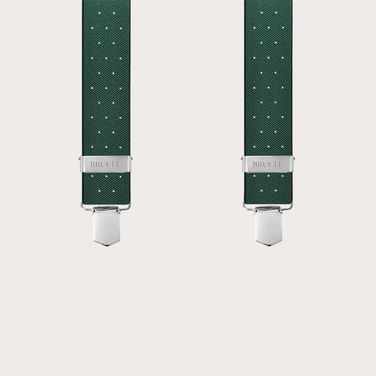 Green elastic X-shaped suspenders with polka dot pattern