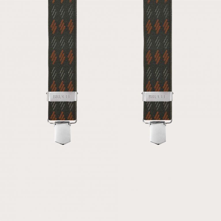 X-shaped suspenders with green and orange stripes