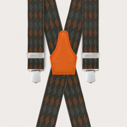 X-shaped suspenders with green and orange stripes
