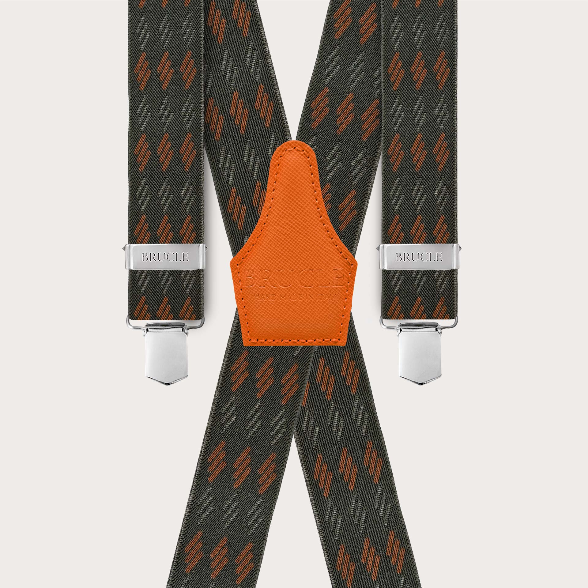 X-shaped suspenders with green and orange stripes