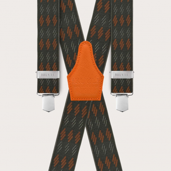 X-shaped suspenders with green and orange stripes