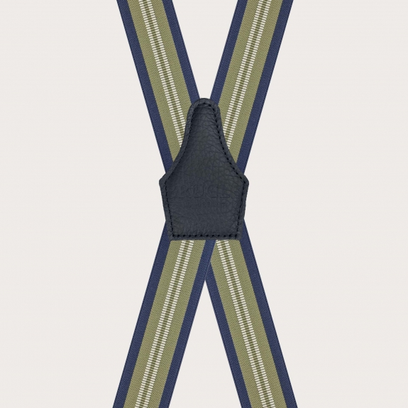 Elastic X-shaped suspenders with green and blue stripes