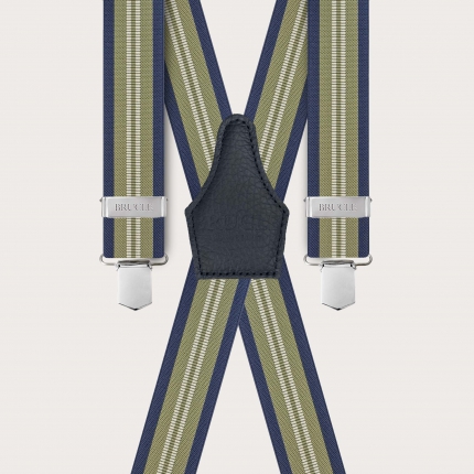 Elastic X-shaped suspenders with green and blue stripes