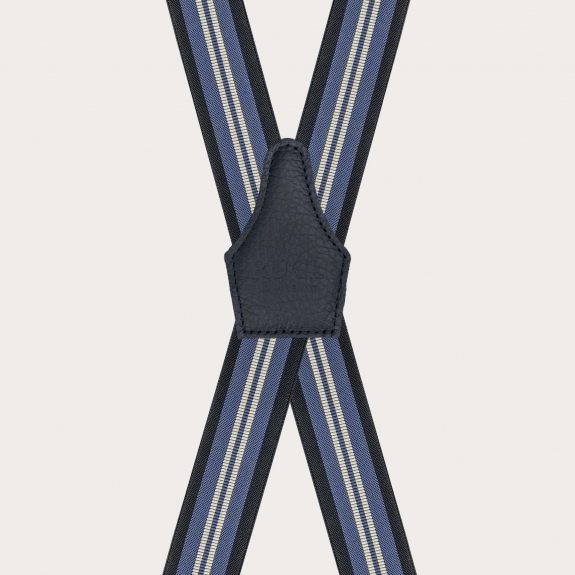 Suspenders in X shape with blue and light blue stripes, clip-on only