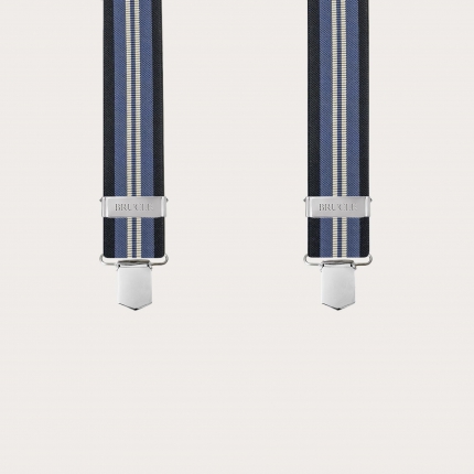 Suspenders in X shape with blue and light blue stripes, clip-on only