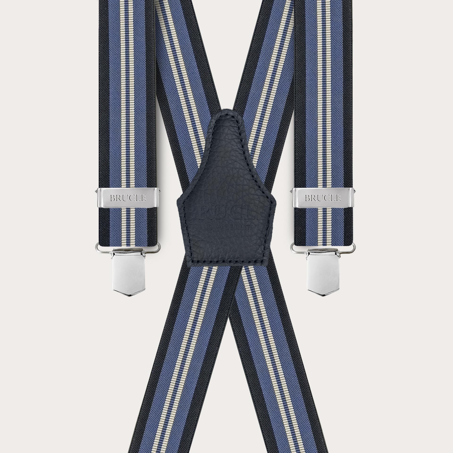 Suspenders in X shape with blue and light blue stripes, clip-on only