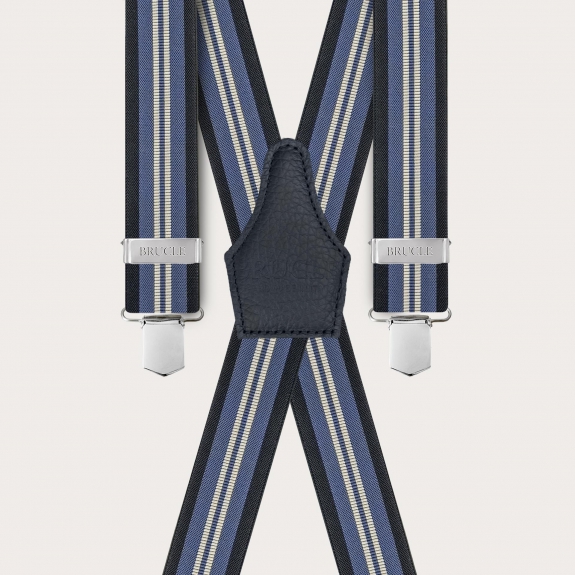 Suspenders in X shape with blue and light blue stripes, clip-on only