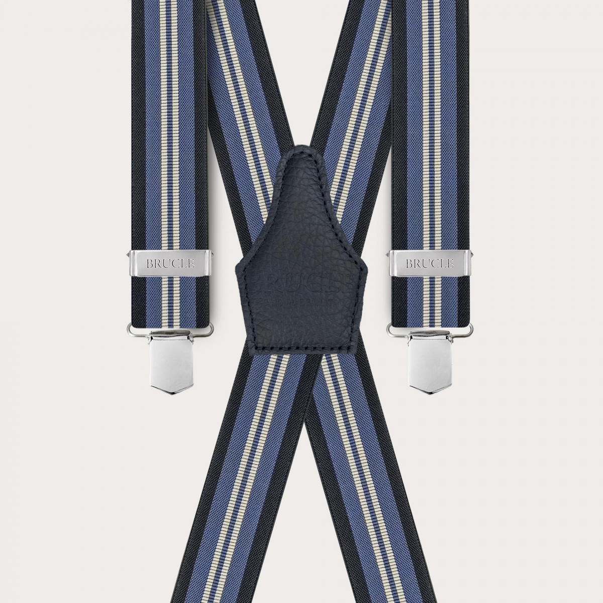 Suspenders in X shape with blue and light blue stripes, clip-on only