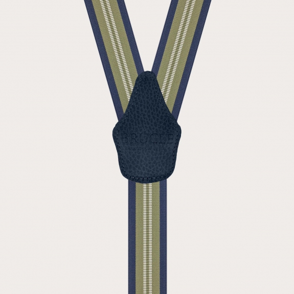 Vertical green and blue striped suspenders for buttons or clips