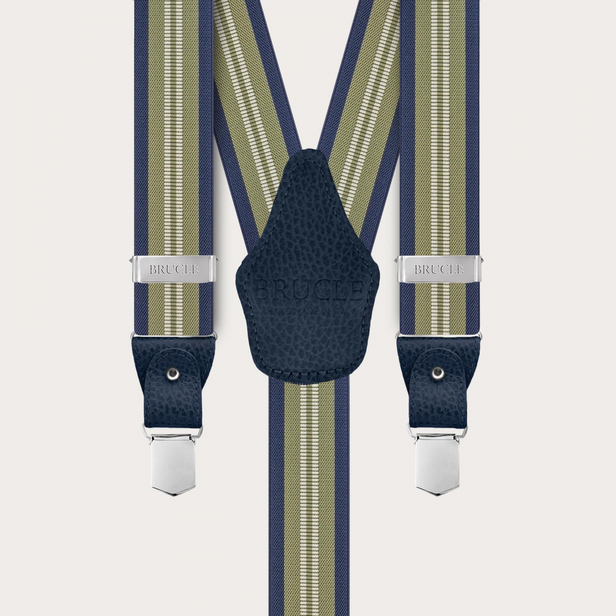 Vertical green and blue striped suspenders for buttons or clips