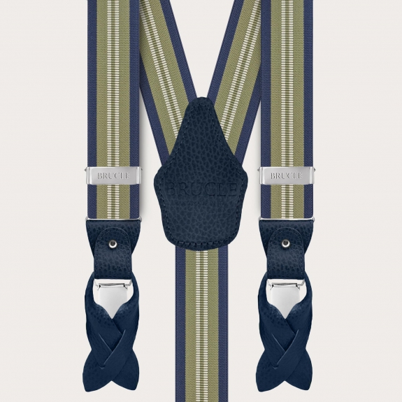 Vertical green and blue striped suspenders for buttons or clips