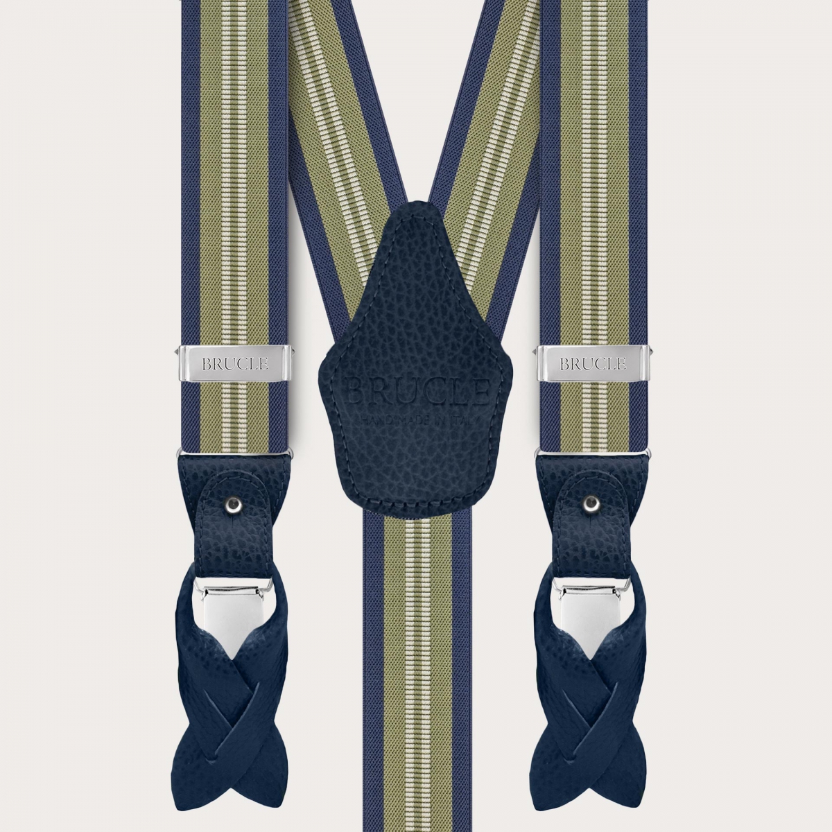 Vertical green and blue striped suspenders for buttons or clips