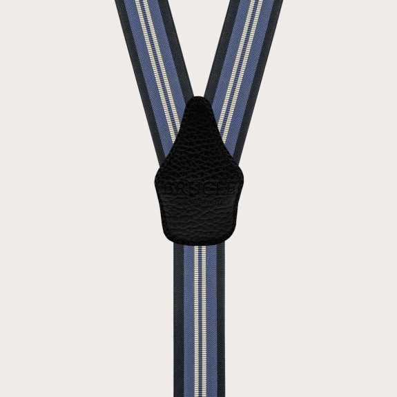 Blue regimental suspenders with vertical stripes for buttons or clips