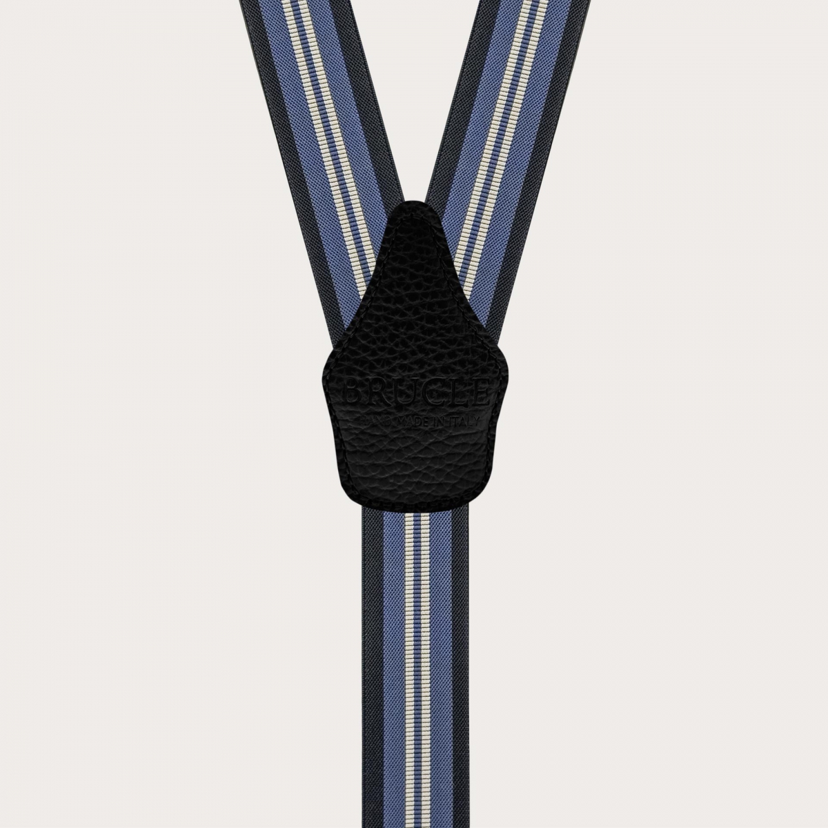 Blue regimental suspenders with vertical stripes for buttons or clips