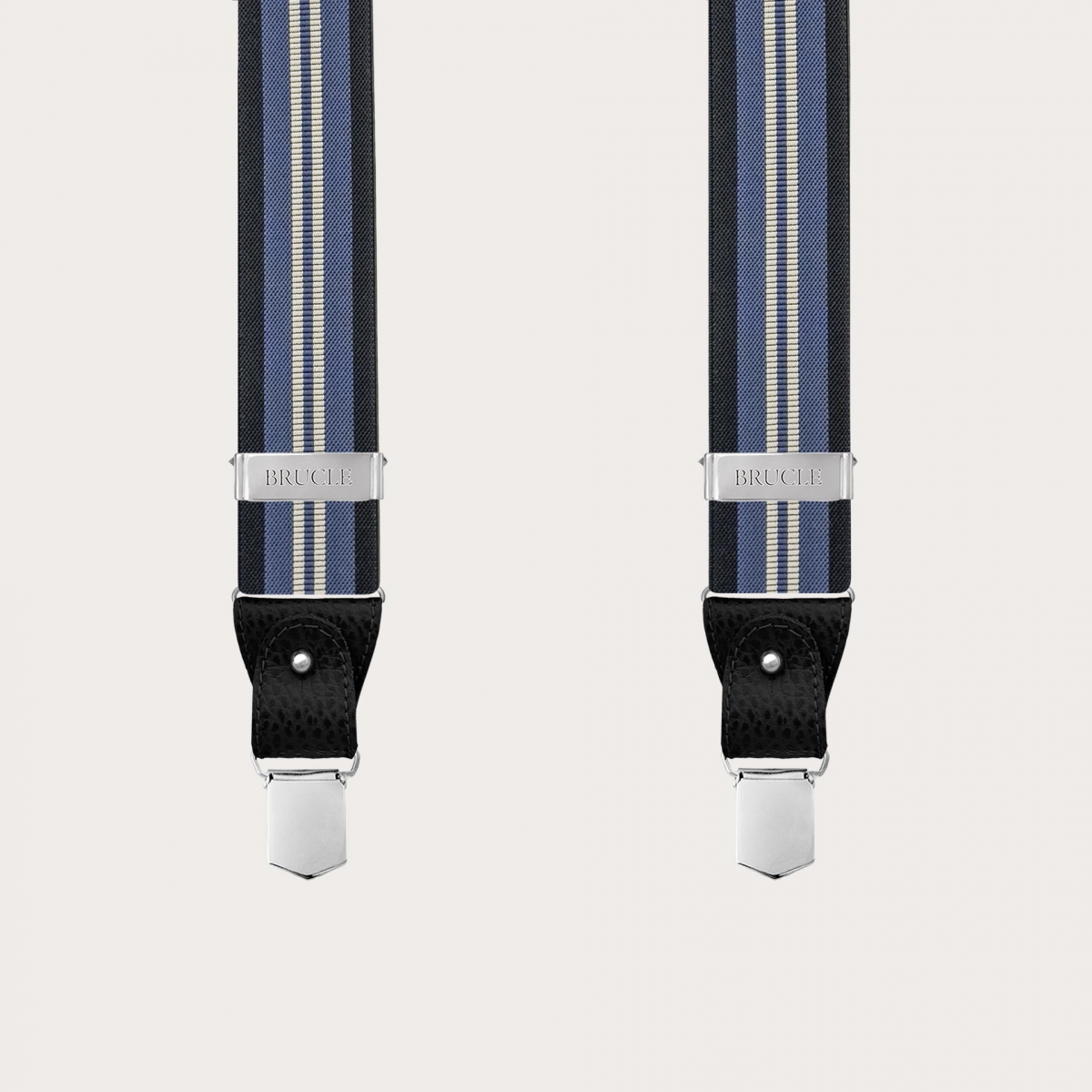 Blue regimental suspenders with vertical stripes for buttons or clips