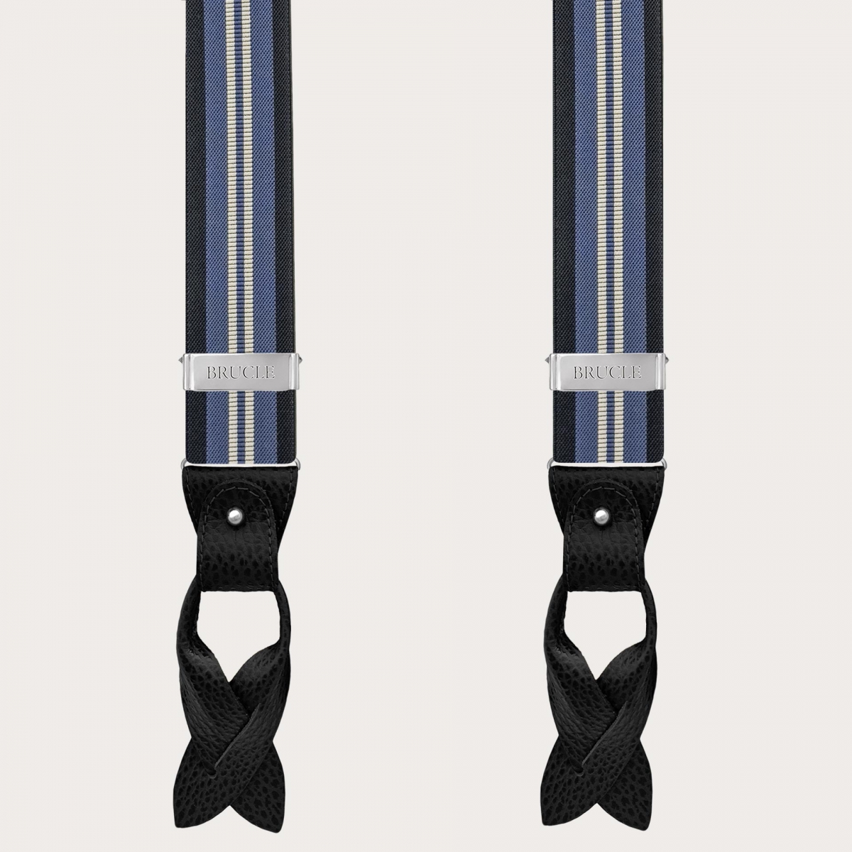 Blue regimental suspenders with vertical stripes for buttons or clips