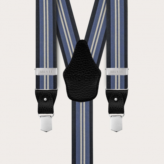 Blue regimental suspenders with vertical stripes for buttons or clips