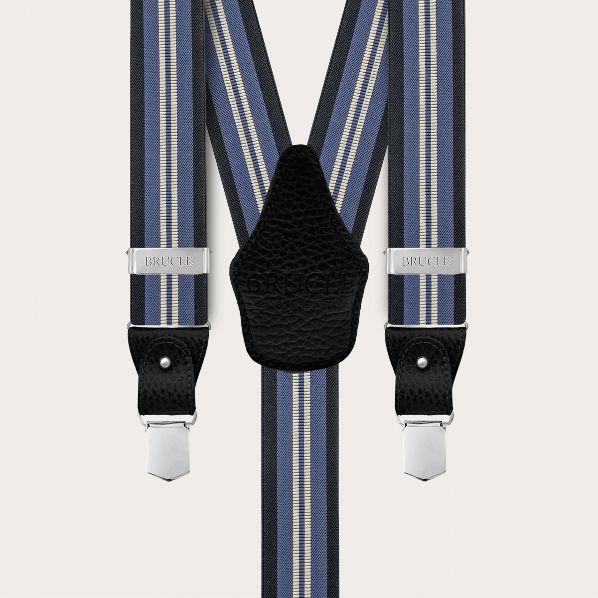 Blue regimental suspenders with vertical stripes for buttons or clips