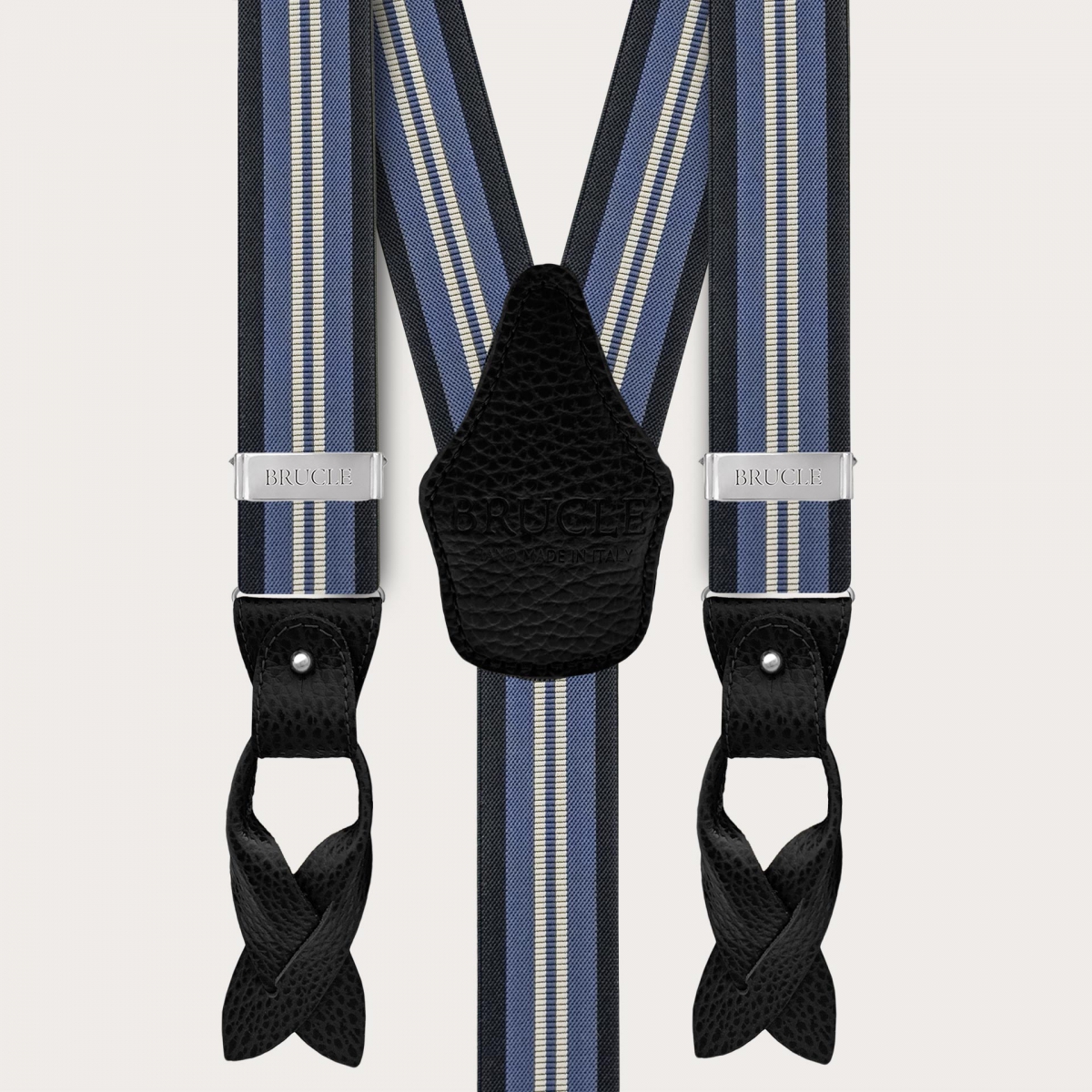 Blue regimental suspenders with vertical stripes for buttons or clips