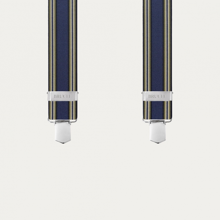 Elastic X-shaped suspenders with blue stripes, hand-colored