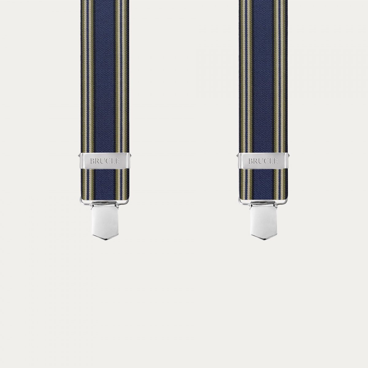 Elastic X-shaped suspenders with blue stripes, hand-colored