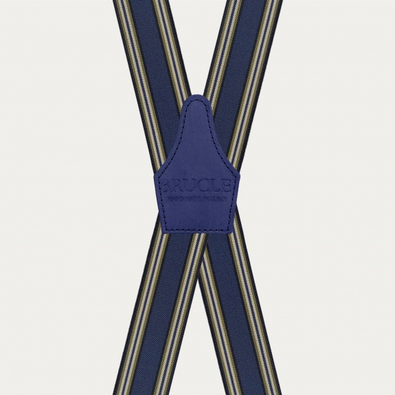 Elastic X-shaped suspenders with blue stripes, hand-colored