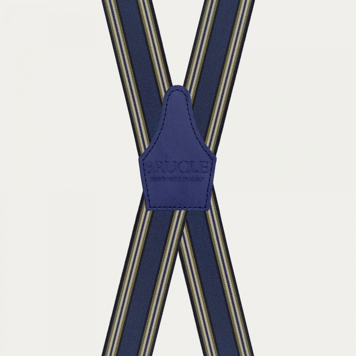 Elastic X-shaped suspenders with blue stripes, hand-colored