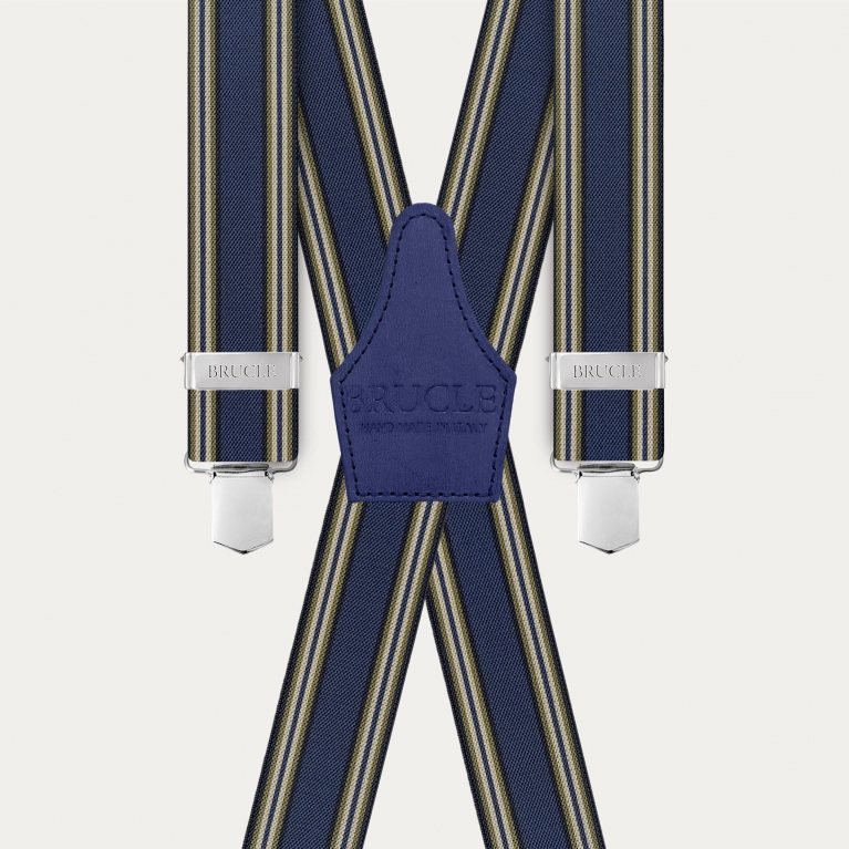 Elastic X-shaped suspenders with blue stripes, hand-colored