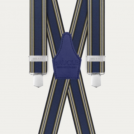 Elastic X-shaped suspenders with blue stripes, hand-colored