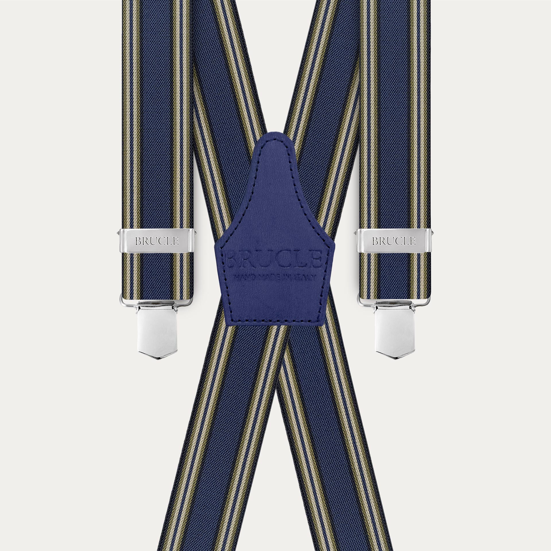 Elastic X-shaped suspenders with blue stripes, hand-colored