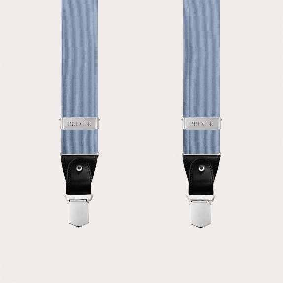 Refined light blue silk suspenders for buttons or clips