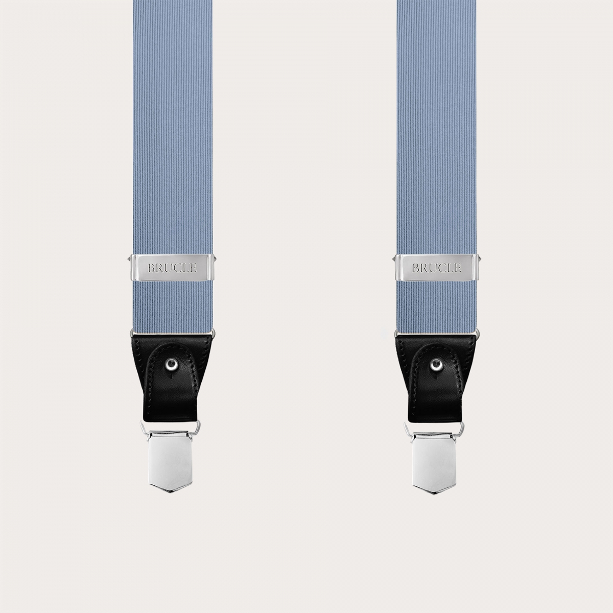 Refined light blue silk suspenders for buttons or clips