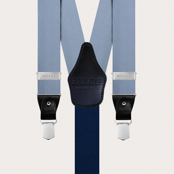 Refined light blue silk suspenders for buttons or clips