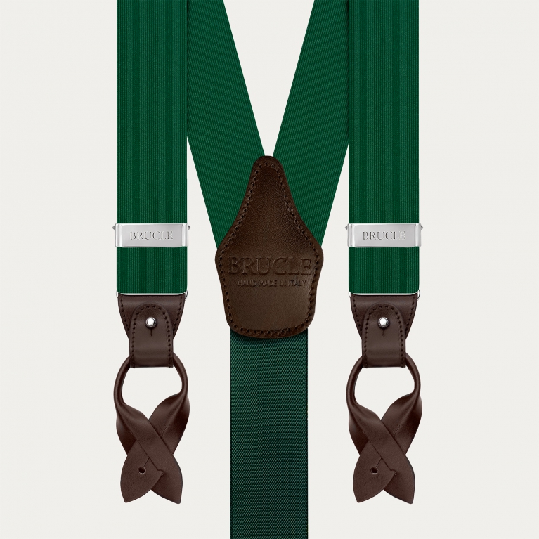 Green silk men's suspenders with brown leather