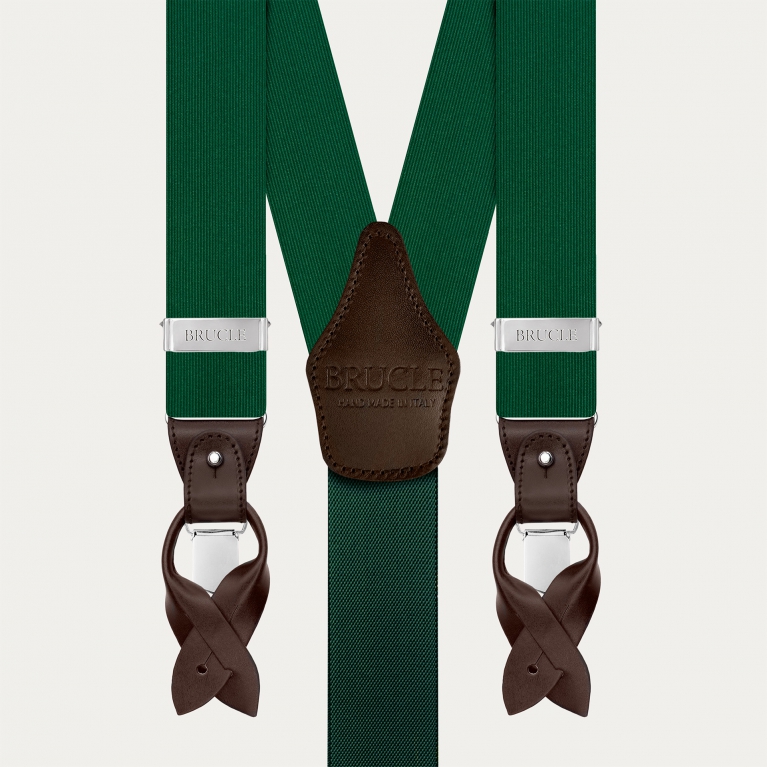 Green silk men's suspenders with brown leather