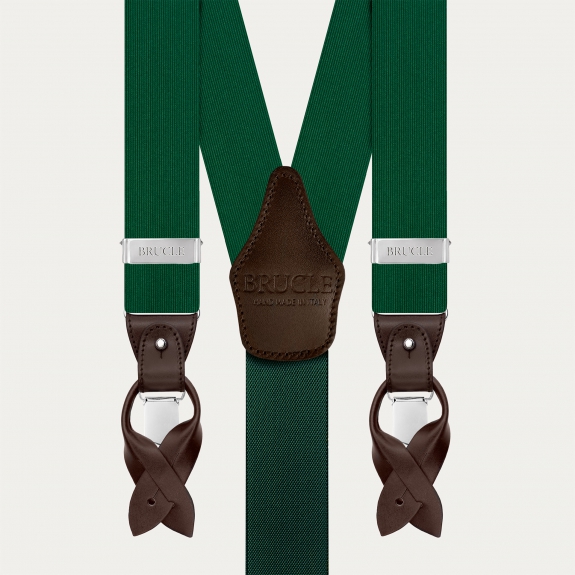 Green silk men's suspenders with brown leather